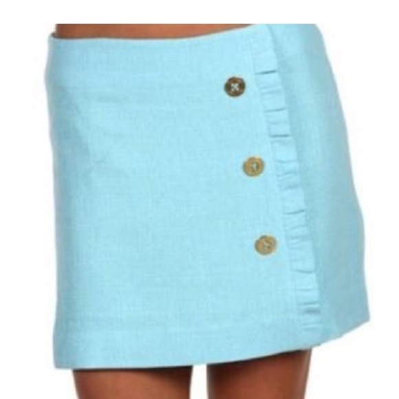 Lilly Pulitzer Dresses & Skirts - Lilly Pulitzer Blue Linen Blend Ruffle Faux Wrap‎ Mini Skirt Gold Buttons Size 2